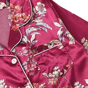WDIRARA Women's Silk Satin Pajama Set 4 Pieces Sleepwear Loungewear Pj Sets Burgundy M