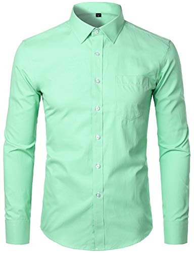 ZEROYAA Men's Long Sleeve Micro Twill Dress Shirt Basic Slim Fit Button Up Business Formal Shirts with Pocket ZYSGCL02 Light Green Large