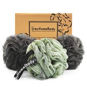 myhomebody large 70g loofah sponge, bath body scrubber for women, men | exfoliating shower pouf with activated charcoal - 2 graphite gray + 1 sage green, 3 pack