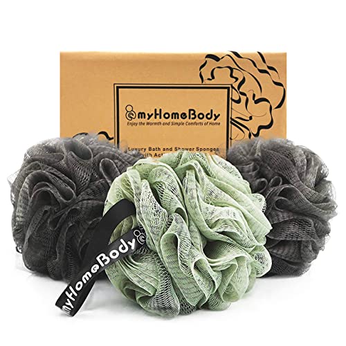 myHomeBody Large 70g Loofah Sponge, Bath Body Scrubber for Women, Men | Exfoliating Shower Pouf with Activated Charcoal - 2 Graphite Gray + 1 Sage Green, 3 Pack