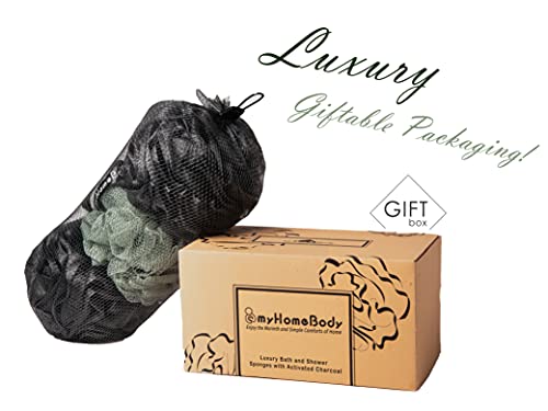 myHomeBody Large 70g Loofah Sponge, Bath Body Scrubber for Women, Men | Exfoliating Shower Pouf with Activated Charcoal - 2 Graphite Gray + 1 Sage Green, 3 Pack