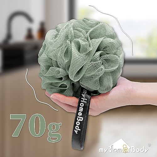 myHomeBody Large 70g Loofah Sponge, Bath Body Scrubber for Women, Men | Exfoliating Shower Pouf with Activated Charcoal - 2 Graphite Gray + 1 Sage Green, 3 Pack