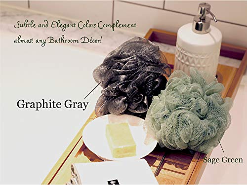 myHomeBody Large 70g Loofah Sponge, Bath Body Scrubber for Women, Men | Exfoliating Shower Pouf with Activated Charcoal - 2 Graphite Gray + 1 Sage Green, 3 Pack