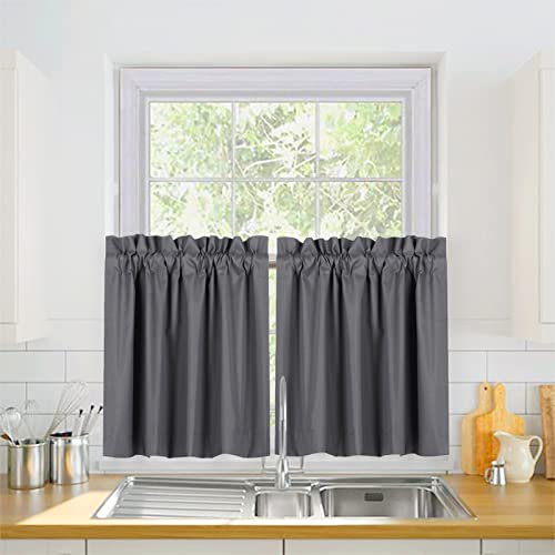 Valea Home Blackout Tiers Curtain for Small Window Rod Pocket Kitchen Curtains Room Darkening Short Curtains for Bedroom, Grey, 30 inch x 24 inch, 2 Panels