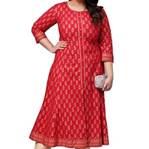 Yash Gallery Plus Size Cotton Gold Printed Anarkali Kurtis for Women (Red)