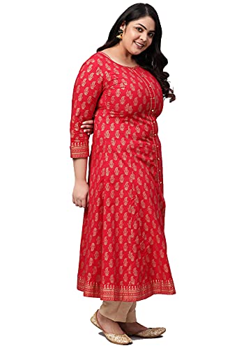 Yash Gallery Plus Size Cotton Gold Printed Anarkali Kurtis for Women (Red)