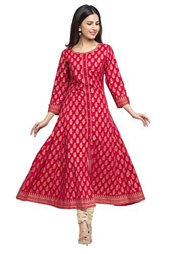 Yash Gallery Plus Size Cotton Gold Printed Anarkali Kurtis for Women (Red)