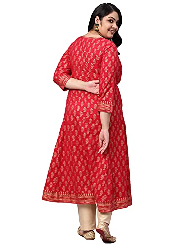 Yash Gallery Plus Size Cotton Gold Printed Anarkali Kurtis for Women (Red)