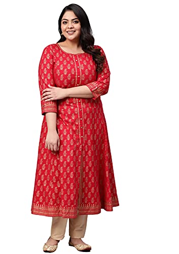 Yash Gallery Plus Size Cotton Gold Printed Anarkali Kurtis for Women (Red)