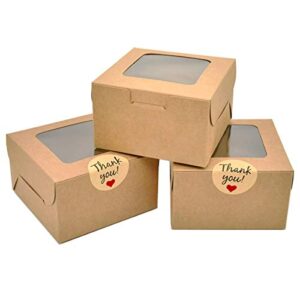 50 pack brown bakery boxes, 4x4x2.5 inches small pastry treat boxes with window gift packaging boxes for cookies, pastries, mini cakes, donut, pie slice, stickers included