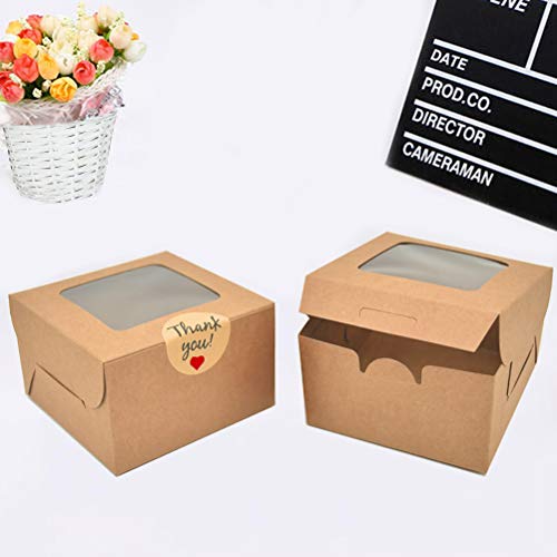 50 Pack Brown Bakery Boxes, 4x4x2.5 Inches Small Pastry Treat Boxes with Window Gift Packaging Boxes for Cookies, Pastries, Mini Cakes, Donut, Pie Slice, Stickers Included