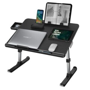 laptop desk for bed, nearpow xxl bed table bed desk for laptop and writing, adjustable computer tray laptop stand for bed or sofa with anti-slip leather, removable stopper, book stand and drawer-black