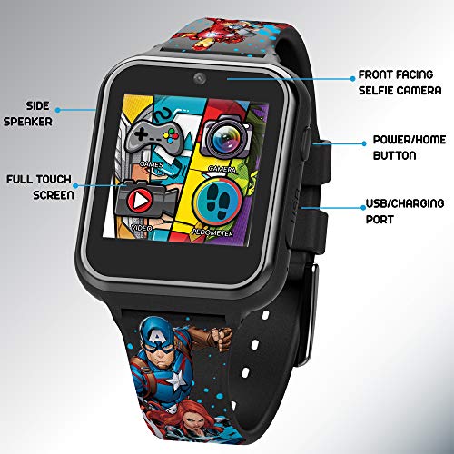 Accutime Kids Marvel Avengers Black Educational Touchscreen Smart Watch Toy for Girls, Boys, Toddlers - Selfie Cam, Learning Games, Alarm, Calculator, Pedometer and more (Model: AVG4597AZ)