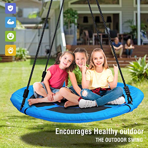 Trekassy 700lb 40 Inch Saucer Tree Swing for Kids Adults 900D Oxford Waterproof with 2pcs Tree Hanging Straps, Steel Frame and Adjustable Ropes Blue