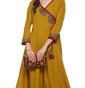 Yash Gallery Women's Cotton Slub Patch Work Angrakha Kurta (Yellow)