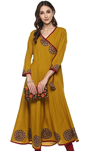 Yash Gallery Women's Cotton Slub Patch Work Angrakha Kurta (Yellow)