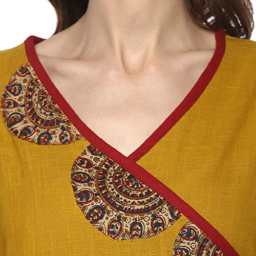 Yash Gallery Women's Cotton Slub Patch Work Angrakha Kurta (Yellow)