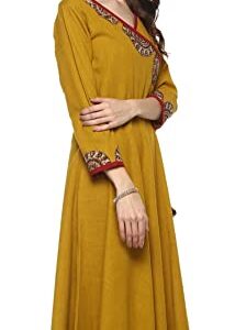 Yash Gallery Women's Cotton Slub Patch Work Angrakha Kurta (Yellow)