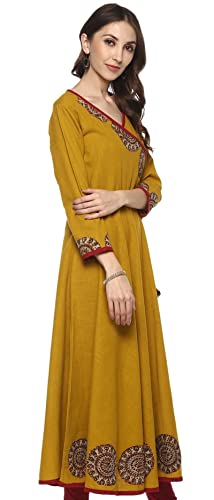 Yash Gallery Women's Cotton Slub Patch Work Angrakha Kurta (Yellow)