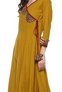 Yash Gallery Women's Cotton Slub Patch Work Angrakha Kurta (Yellow)