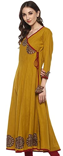 Yash Gallery Women's Cotton Slub Patch Work Angrakha Kurta (Yellow)