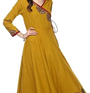 Yash Gallery Women's Cotton Slub Patch Work Angrakha Kurta (Yellow)