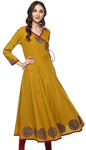 Yash Gallery Women's Cotton Slub Patch Work Angrakha Kurta (Yellow)