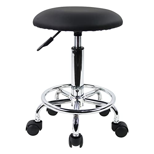 KKTONER Swivel Rolling Stool with Footrest Height Adjustable PU Leather Salon Vanity Spa Massage Office Stool Chair Small (Black)