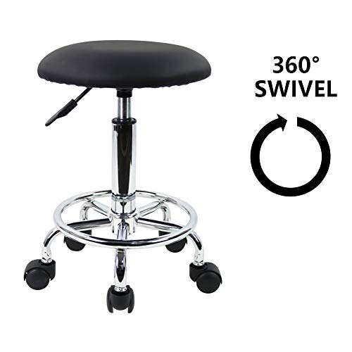 KKTONER Swivel Rolling Stool with Footrest Height Adjustable PU Leather Salon Vanity Spa Massage Office Stool Chair Small (Black)