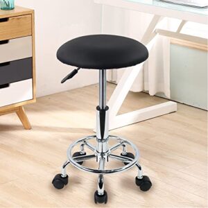 KKTONER Swivel Rolling Stool with Footrest Height Adjustable PU Leather Salon Vanity Spa Massage Office Stool Chair Small (Black)