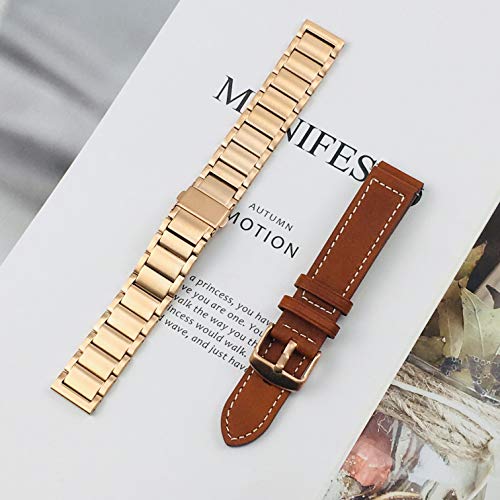 Yeejok Venu 2S Watch Bands, Vivoactive 4S 40mm Bands, 18mm Metal Band + Replacement Quick Released Genuine Leather Strap Compatible for Garmin Vivoactive 3S 39mm Smart Watch Women, Rose Gold+Brown