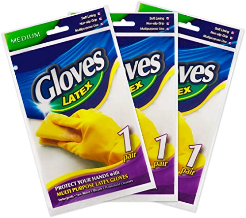 SteadMax 3 Pack Yellow Cleaning Dish Gloves, Professional Natural Rubber Latex Dishwashing Gloves, Reusable Kitchen Dishwasher Gloves Medium Size (3 Pairs) (Pack of 1)