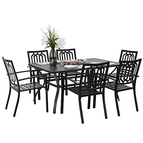 PHI VILLA Patio Dining Set Outdoor Table and Chairs Furniture Set 7 Piece, Large 60.2" Rectangle Bistro Table with Umbrella Hole and 4 Backyard Garden Chairs Support 300LBS for Deck, Lawn, Garden