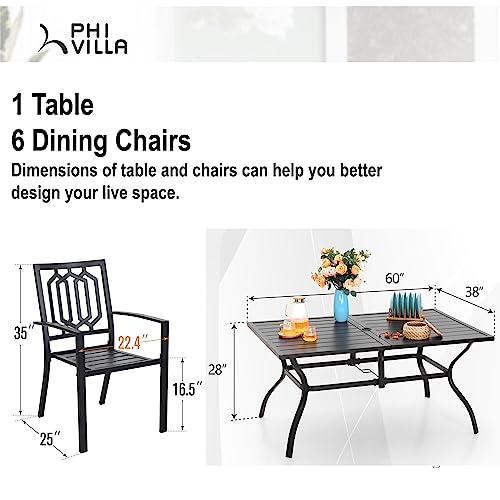 PHI VILLA Patio Dining Set Outdoor Table and Chairs Furniture Set 7 Piece, Large 60.2" Rectangle Bistro Table with Umbrella Hole and 4 Backyard Garden Chairs Support 300LBS for Deck, Lawn, Garden