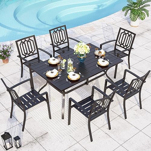 PHI VILLA Patio Dining Set Outdoor Table and Chairs Furniture Set 7 Piece, Large 60.2" Rectangle Bistro Table with Umbrella Hole and 4 Backyard Garden Chairs Support 300LBS for Deck, Lawn, Garden