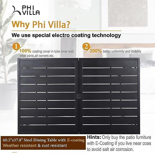 PHI VILLA Patio Dining Set Outdoor Table and Chairs Furniture Set 7 Piece, Large 60.2" Rectangle Bistro Table with Umbrella Hole and 4 Backyard Garden Chairs Support 300LBS for Deck, Lawn, Garden