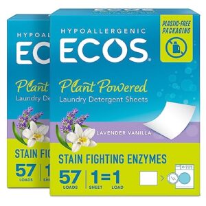 ecos laundry detergent sheets - no plastic jug for 114 loads - vegan, no mess & liquid free - laundry sheets in washer - hypoallergenic, plant powered laundry detergent sheets