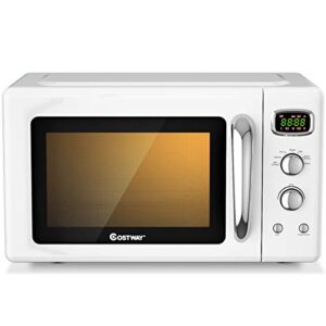 costway retro countertop microwave oven, 0.9cu.ft, 900w microwave oven, with 5 micro power, defrost & auto cooking function, led display, glass turntable viewing window, child lock, etl