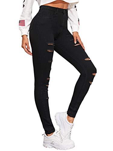 SweatyRocks Women's Hight Waisted Stretch Distressed Denim Pants Ripped Skinny Jeans Black M