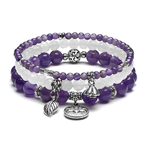 Jovivi 3pcs Amethyst Crystal Beaded Chakra Bracelet Natural Healing Energy Beads Stone Therapy Reiki Stackable Stretch Bracelets Set for Women