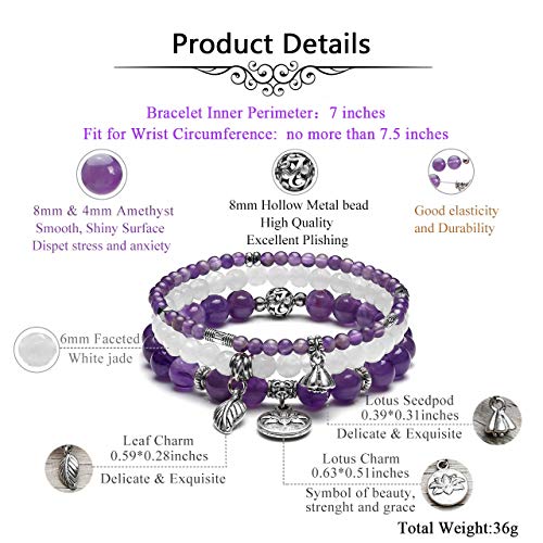 Jovivi 3pcs Amethyst Crystal Beaded Chakra Bracelet Natural Healing Energy Beads Stone Therapy Reiki Stackable Stretch Bracelets Set for Women