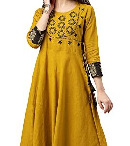 Yash Gallery Women's Cotton Slub Sequin Work Angrakha Kurtis (Mustard Yellow)