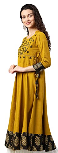 Yash Gallery Women's Cotton Slub Sequin Work Angrakha Kurtis (Mustard Yellow)