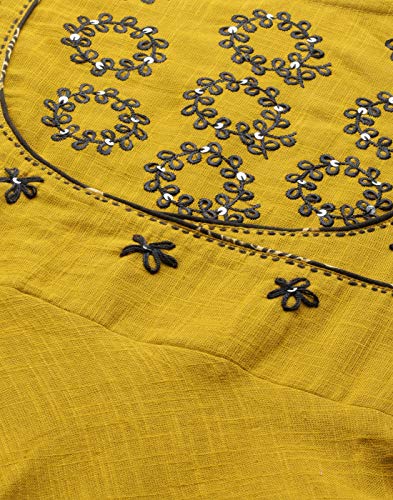 Yash Gallery Women's Cotton Slub Sequin Work Angrakha Kurtis (Mustard Yellow)