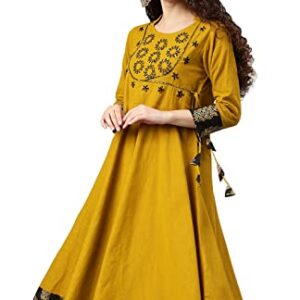 Yash Gallery Women's Cotton Slub Sequin Work Angrakha Kurtis (Mustard Yellow)