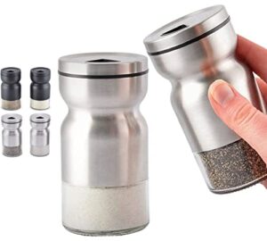 home ec glass salt and pepper shakers set with adjustable pour holes - stainless steel salt shaker and pepper shaker - farmhouse salt and pepper shaker set for himalayan, kosher sea salts & spices