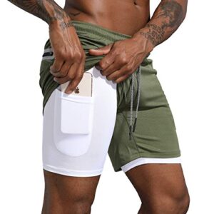 leidowei men's 2-in-1 running shorts workout jogger gym quick-dry bodybuliding athletic short with pockets green l