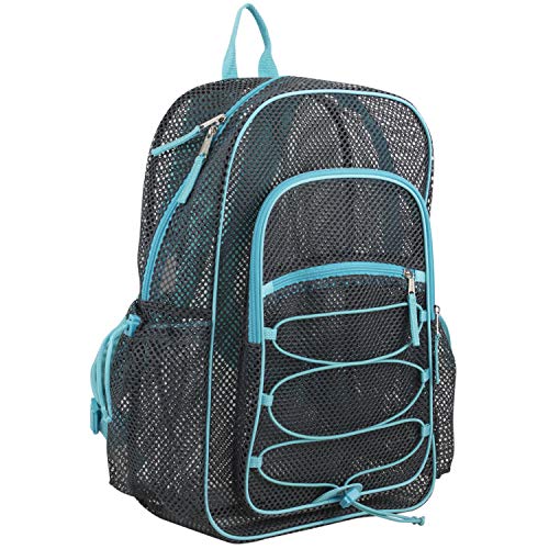 Eastsport XL Semi-Transparent Mesh Backpack with Comfort Padded Straps and Adjustable Bungee for Work, Sports, Beach, College and Security - Grey w/Blue