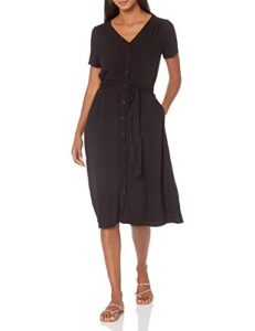 amazon essentials women's short-sleeve midi button front tie dress, black, large