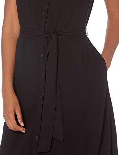 Amazon Essentials Women's Short-Sleeve Midi Button Front Tie Dress, Black, Large